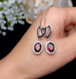 2ct Drop Earrings Oval Cut Red Garnet Diamond Halo Latch Back 14k WhiteGold Over