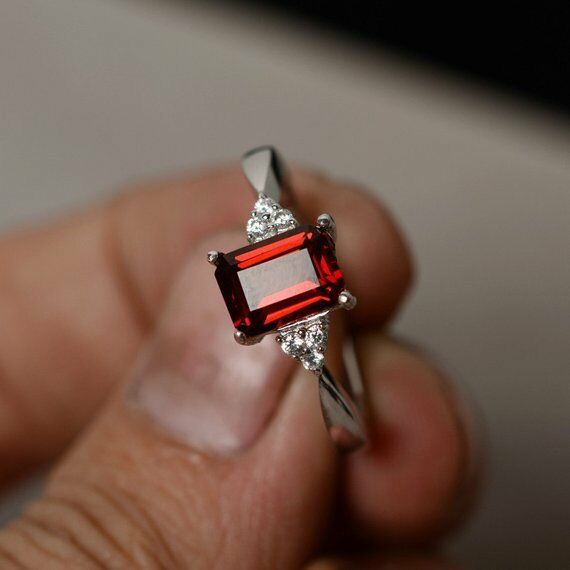 0.9ct Emerald Red Garnet Engagement Ring 14k White Gold Finish Accent Solitaire