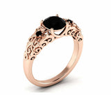 Floral Filigree Solitaire Ring 1.6ct Round Cut Black Diamond 14k RoseGold Finish