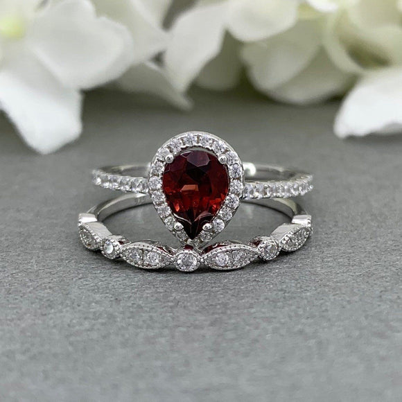 1.6ct Pear Cut Red Garnet Halo Bridal Set Engagement Ring 14k White Gold Finish