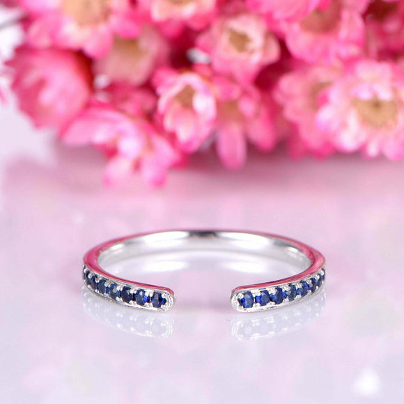 1ct Round Cut Blue Sapphire Wedding Ring Band Open Stackable 14k White Gold Over