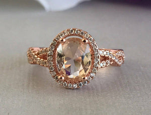 2ct Oval Cut Peach Morganite Halo Infinity Engagement Ring 14k Rose Gold Finish