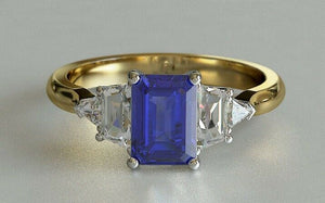 2ct Emerald Cut Blue Sapphire Engagement Ring Solitaire 14k Yellow Gold Finish