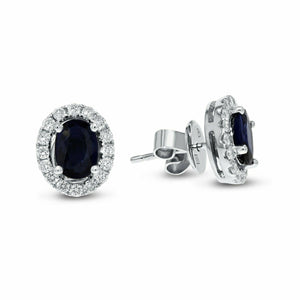 2.3ct Stud Earrings Oval Cut Blue Sapphire Diamond Halo 14k White Gold Finish