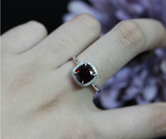 1.6ct Cushion Cut Red Garnet Engagement Ring 14k White Gold Finish Halo Design