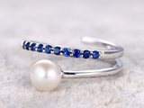 1ct Round Cut Blue Sapphire Engagement Ring Pearl Open Bypass 14k WhiteGold Over