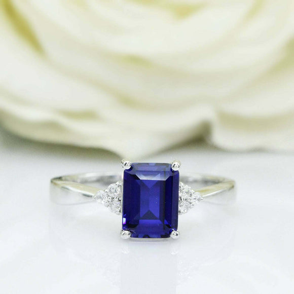 2ct Emerald Cut Blue Sapphire Engagement Ring Diamond Petite 14k White Gold Over