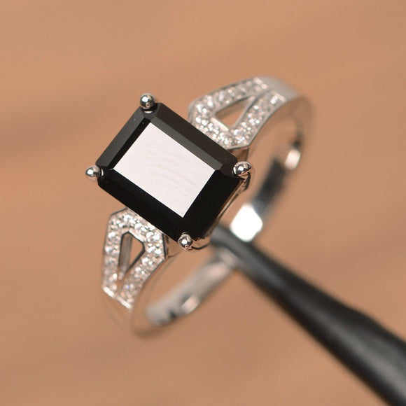 Split Shank Engagement Ring 1.3ct Emerald Cut Black Diamond 14k WhiteGold Finish