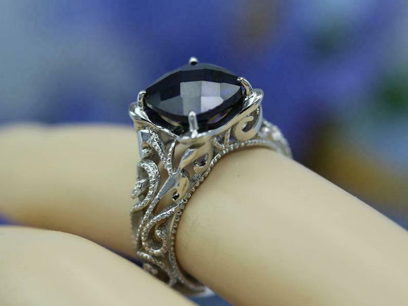 2ct Cushion Blue Sapphire Engagement Ring Milgrain Filigree 14k White Gold Over