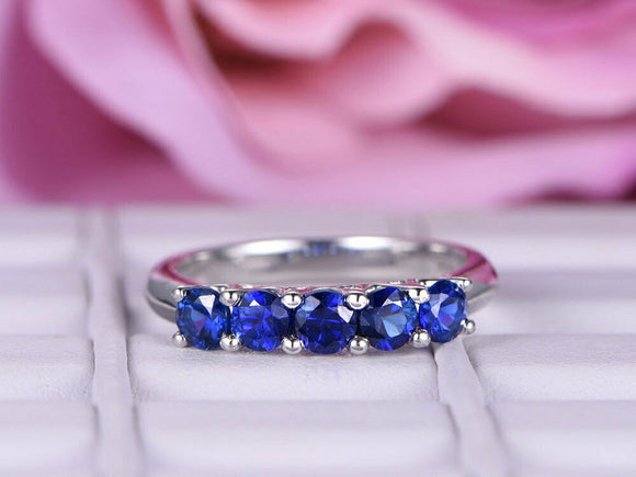 2ct Round Cut Blue Sapphire Five Stone Wedding Ring Band 14k White Gold Finish