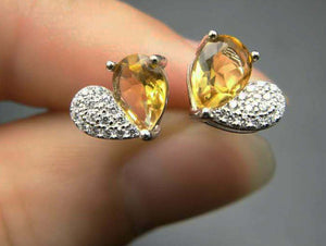 2ct Stud Earrings Pear Cut Yellow Citrine Studded Heart 14k White Gold Finish