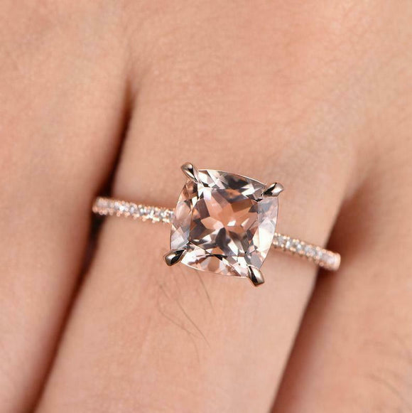 1.5ct Cushion Cut Peach Morganite Solitaire with Accent Ring 14k RoseGold Finish