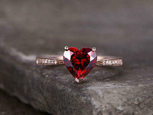 1.5ct Heart Cut Red Garnet Solitaire with Round Accent Ring 14k Rose Gold Finish