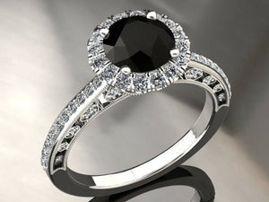 1.7ct Round Cut Black Diamond Accents Halo Engagement Ring 14k White Gold Finish