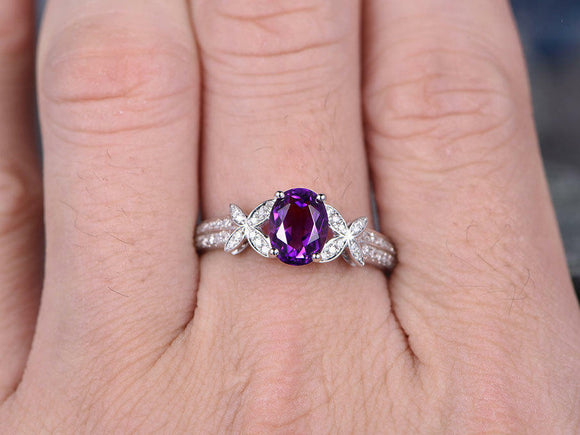 2.3Ct Oval Cut Purple Amethyst Leaf Accent Engagement Ring 14K White Gold Finish