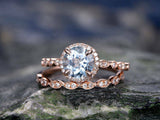 3Ct Round Cut Blue Aquamarine Vintage Halo Engagement Ring 14K Rose Gold Finish