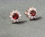 2.3ct Stud Earrings Round Cut Red Garnet Floral Halo 14k Rose Gold Finish