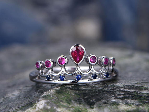 2ct Pear Cut Pink Ruby Sapphire Princess Crown Tiara Ring 14k White Gold Finish