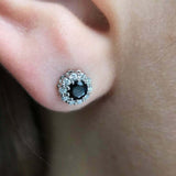 1.7ct Round Cut Blue Sapphire Diamond Halo Stud Earrings 14k White Gold Finish