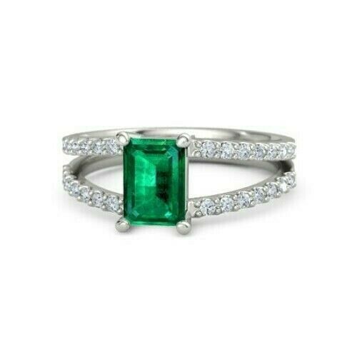 5Ct Green Emerald Diamond Split Shank Engagement Ring 14K White Gold Finish