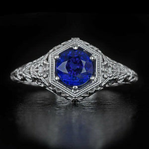 1Ct Round Cut Blue Sapphire Vintage Filigree Solitaire Ring 14K White Gold Over