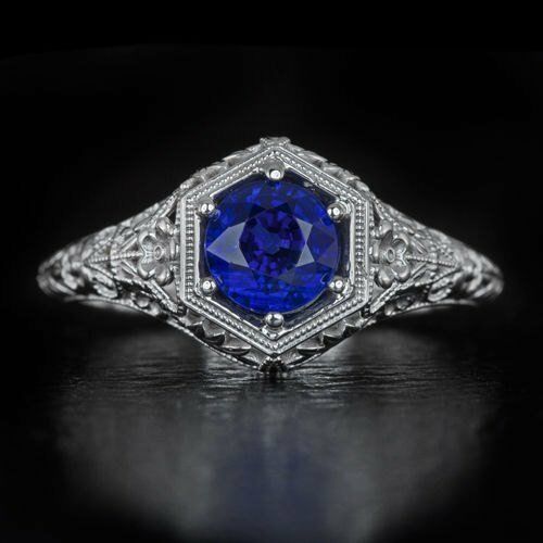 1Ct Round Cut Blue Sapphire Vintage Filigree Solitaire Ring 14K White Gold Over