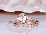 2ct Round Cut Peach Morganite Halo Bridal Set Engagement Ring 14k Rose Gold Over