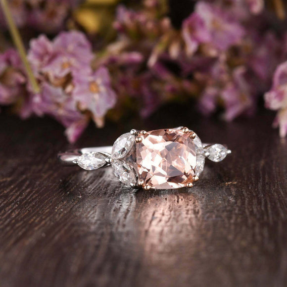 1.5ct Cushion Cut Peach Morganite Floral Leaf Solitaire Ring 14k Dual Gold Over