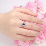 2ct Oval Blue Sapphire Engagement Ring Diamond Halo Flower 14k White Gold Finish