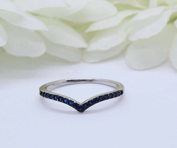 0.6ct Round Blue Sapphire Wedding Band Half Eternity Chevron 14k White Gold Over