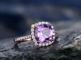 2.3Ct Cushion Purple Amethyst Halo Solitaire Engagement Ring 18K Rose Gold Over