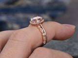 1.6ct Oval Peach Morganite Engagement Ring 14k Rose Gold Finish Halo Bridal Set