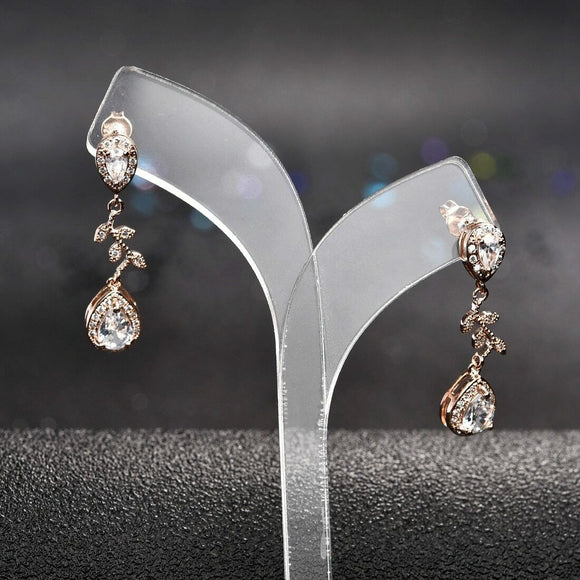 2ct Pear Cut VVS1D Diamond Halo Leaf Design Drop Earrings 14k Rose Gold Finish