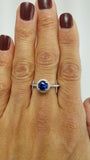 1.6ct Round Cut Blue Sapphire Engagement Ring Diamond Halo 14k White Gold Finish