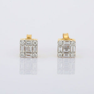 1ct Stud Earrings Baguette Round Cut Diamond Cluster 14k Yellow Gold Finish