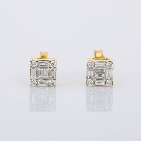 1ct Stud Earrings Baguette Round Cut Diamond Cluster 14k Yellow Gold Finish