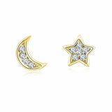 0.12ct Round Cut Diamond Moon and Star Tiny Stud Earrings 14k Yellow Gold Finish