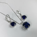 3.5ct Cushion Cut Blue Sapphire Drop Earrings Pendant Set 14k White Gold Finish