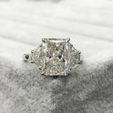 3Ct Radiant Cut Diamond Three Stone Ring 14K White Gold Finish Trapezoid Accents