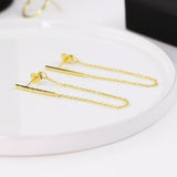 Bar Dangling Chain Tiny Stick Dangle Earrings for Women 14k Yellow Gold Plated