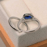 2ct Oval Cut Blue Sapphire Engagement Ring Bridal Set Halo 14k White Gold Finish