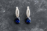 2ct Drop Earrings Oval Cut Blue Sapphire Split Design 14k White Gold Finish