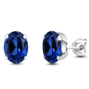 2ct Stud Earrings Oval Cut Blue Sapphire Solitaire Women 14k White Gold Finish