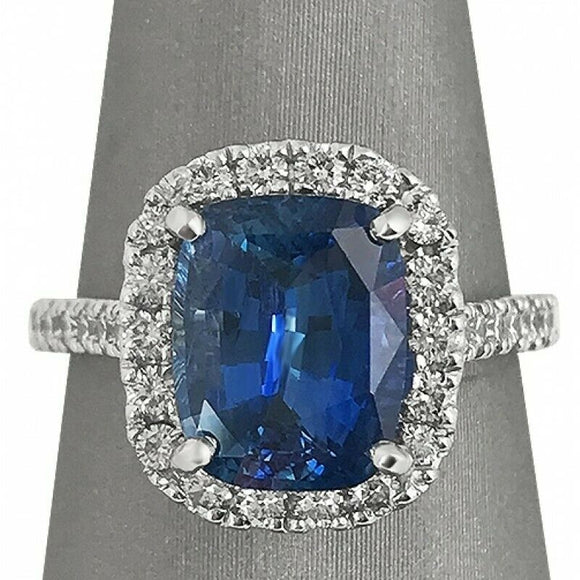 3Ct Cushion Cut Blue Sapphire Engagement Ring 14K White Gold Finish Diamond Halo