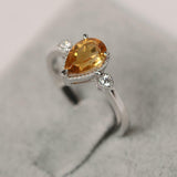 1.6ct Pear Cut Citrine Engagement Ring Milgrain Trilogy 14k White Gold Finish