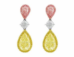 5Ct Pear Cut Yellow Pink Sapphire Cocktail Drop Earrings 14K 3 Tone Gold Finish