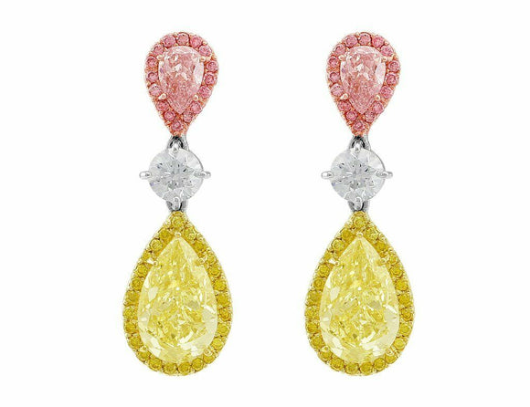 5Ct Pear Cut Yellow Pink Sapphire Cocktail Drop Earrings 14K 3 Tone Gold Finish