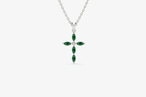 1ct Green Emerald Pendant with Chain Marquise Cut Holy Cross 14k White Gold Over