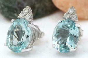 3ct Oval Cut Simulated Blue Aquamarine Crown Stud Earrings 14k White Gold Plated