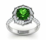 2ct Cushion Cut Green Emerald Milgrain Floral Halo Ring 14k White Gold Finish